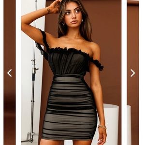 Selfie Leslie —SENORITA OFF-SHOULDER LETTUCE EDGE DETAIL RUCHED MINI DRESS BLACK